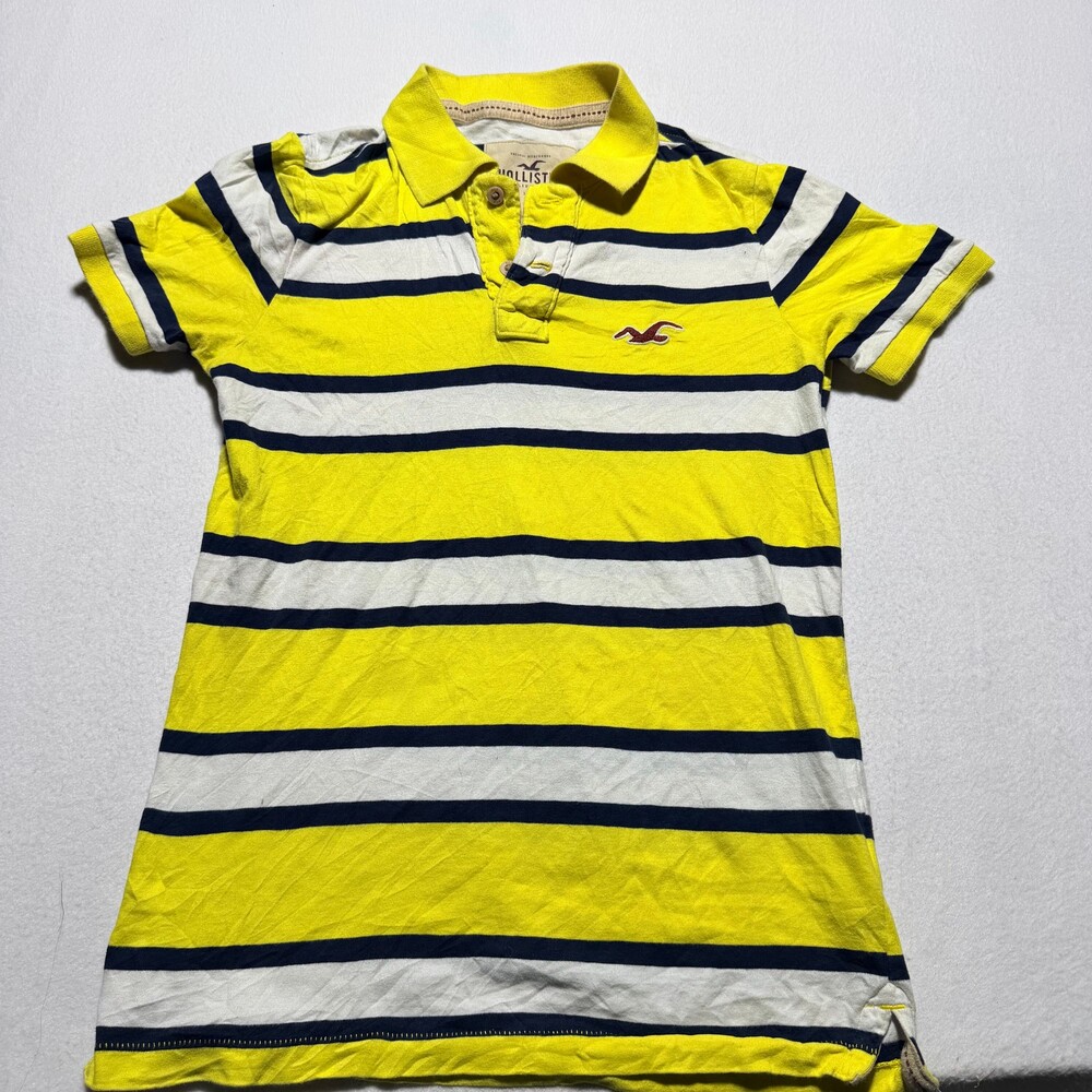 Hollister Small Yellow Cotton Polo Shirt Striped Short Sleeve